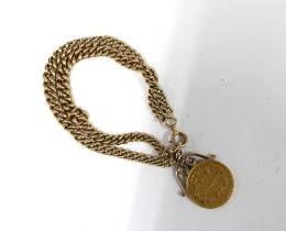 Victorian 1867 Sydney Mint full Sovereign mounted and suspended on a 9ct gold curb link double chain
