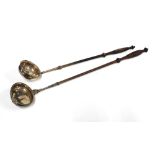 Georgian silver toddy ladle, Glasgow 1829, with fruitwood handle, 46cm long together with another