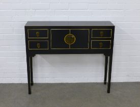 Contemporary black lacquered console table, chinoiserie style, with cupboards and drawers, 100 x