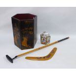 Mixed lot to include an oriental jar and cover, boomerang, golf putter club and a waste paper bin.
