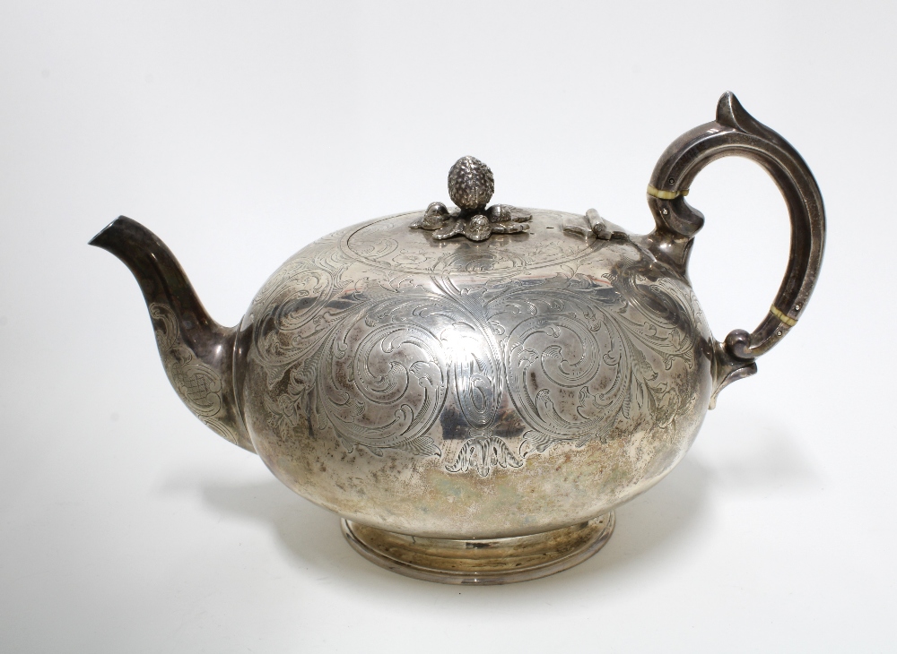 Victorian silver teapot, Glasgow 1858, globular form with bright cut pattern and presentation