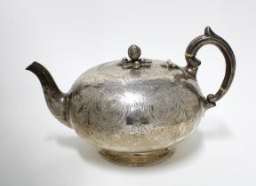 Victorian silver teapot, Glasgow 1858, globular form with bright cut pattern and presentation