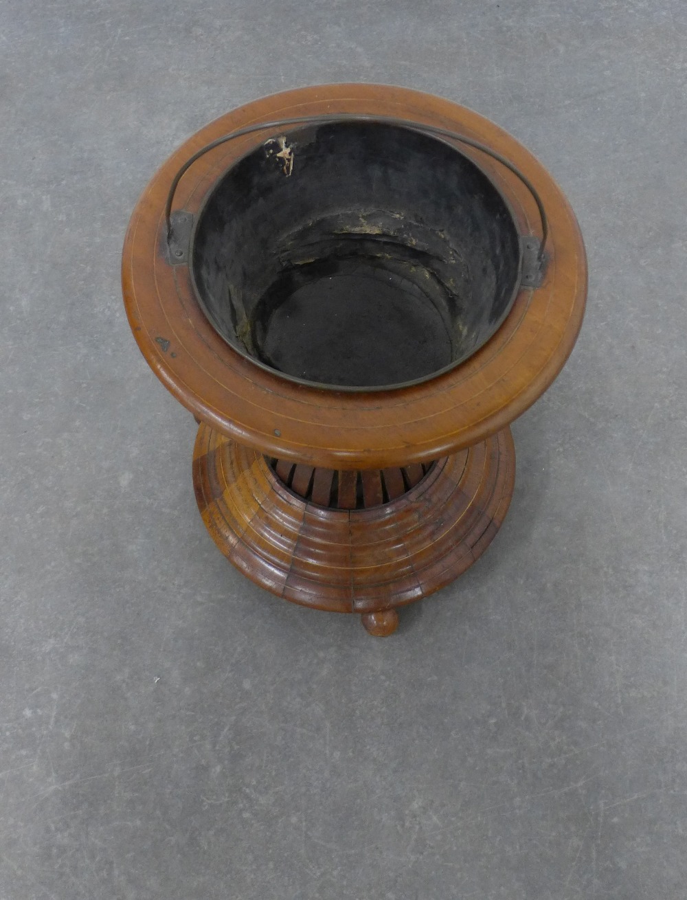 19th century mahogany peat / oyster bucket, hourglass form with metal liner and standing on bun - Image 2 of 2