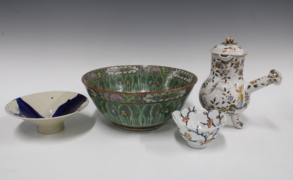 Chinese famille verte bowl, a modern blue and white bowl, Japanese prunus pattern bowl and a faience