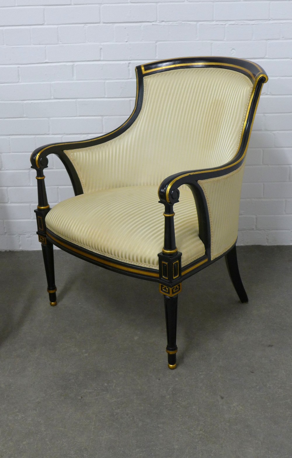 Pair of ebonised and parcel gilt open armchairs, with striped damask upholstery, on tapering legs, - Image 2 of 3