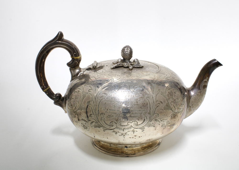 Victorian silver teapot, Glasgow 1858, globular form with bright cut pattern and presentation - Image 2 of 3