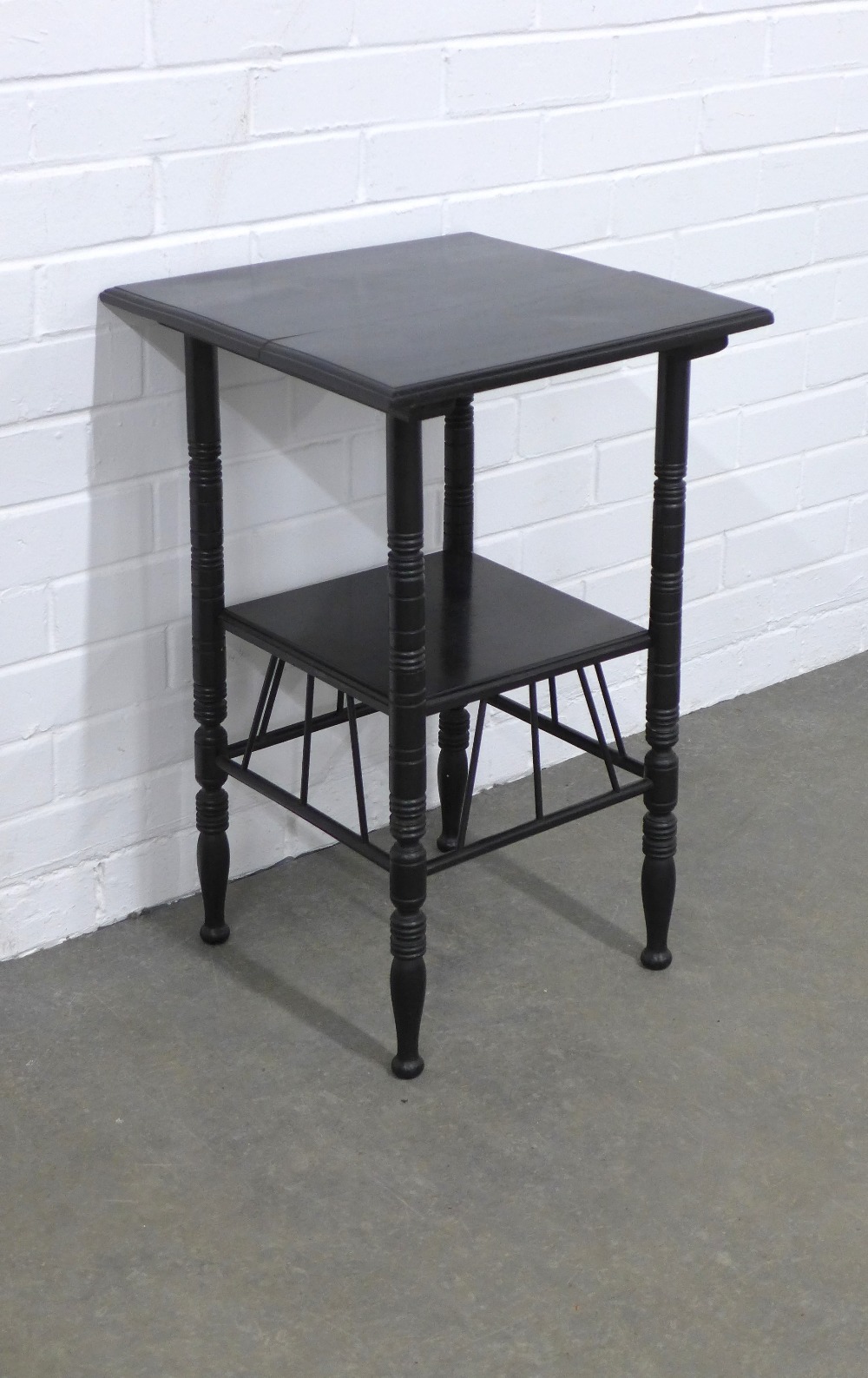 An Aesthetic Movement ebonised wood table in the manner of E W Godwin, with square top and thebes - Image 3 of 3