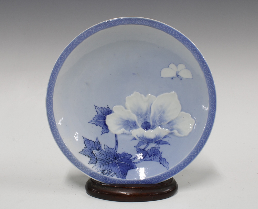 Japanese blue and white flower plate, with wooden plate stand, 22cm diameter