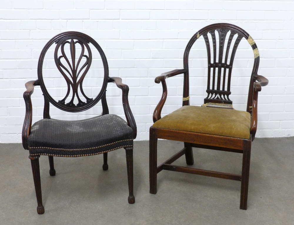 George III style Hepplewhite chair with upholstered serpentine seat and fluted legs, together with