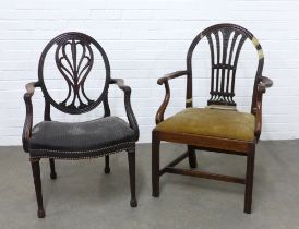 George III style Hepplewhite chair with upholstered serpentine seat and fluted legs, together with