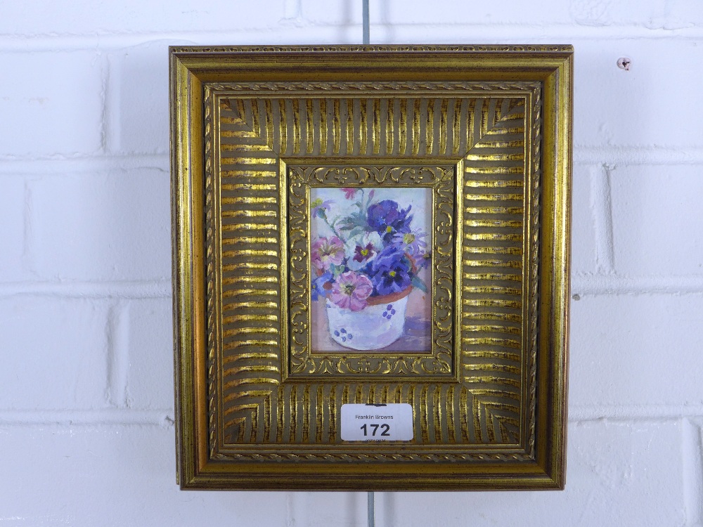 Still life oil on board of pansies, apparently unsigned, in a giltwood frame, 6 x 9cm - Image 2 of 2