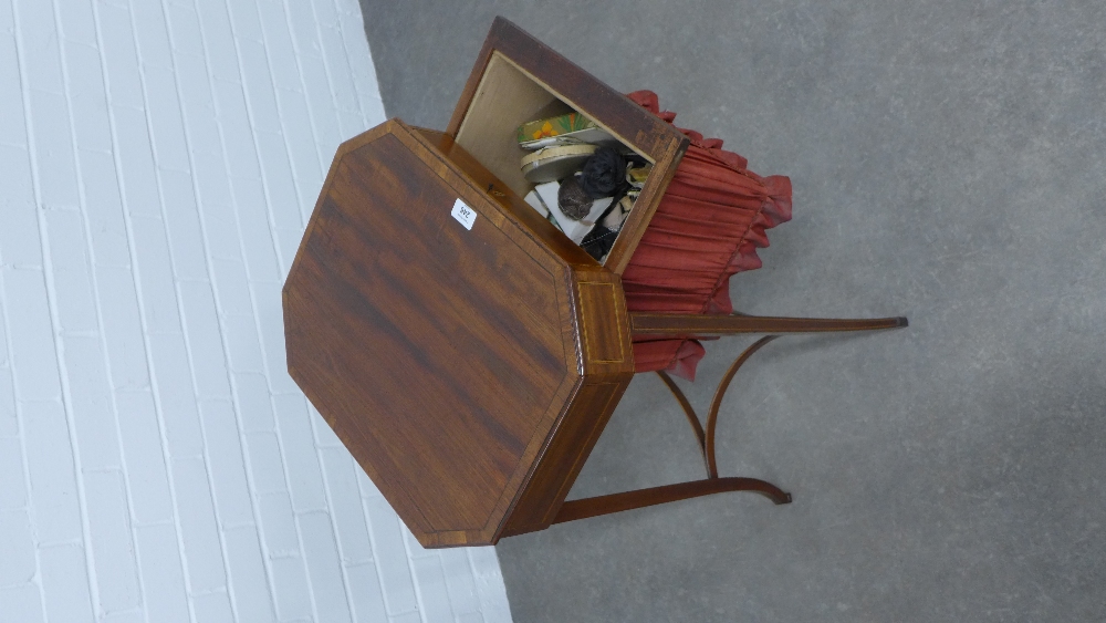 Edwardian mahogany sewing table with inlaid stringing, fabric work bag, 50 x 74 x 39cm. - Image 3 of 3
