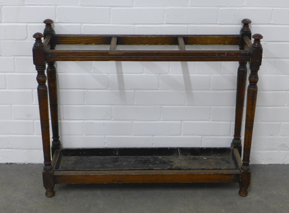 Early 20th century stained pine stick stand, three divisions with original metal drip tray, 87 x - Image 2 of 2