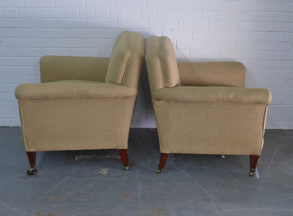 Pair of upholstered armchairs on mahogany legs with brass castors, armchairs, 82 x 83 x 50cm. (2) - Image 4 of 4