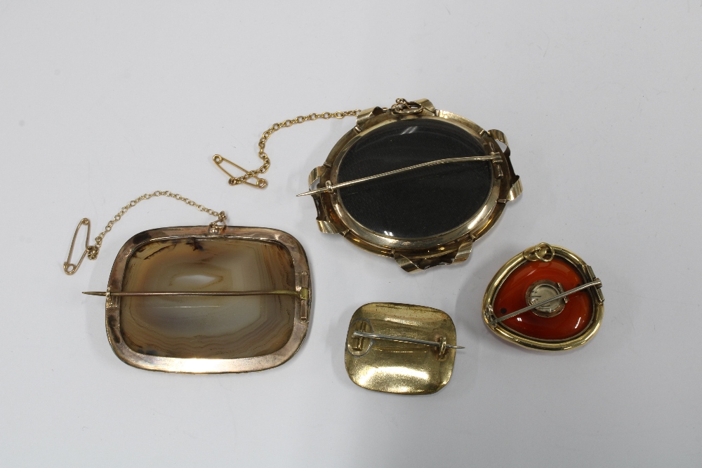 Three 19th century mourning brooches with plaid hair panels and a hardstone brooch in yellow metal - Image 2 of 2