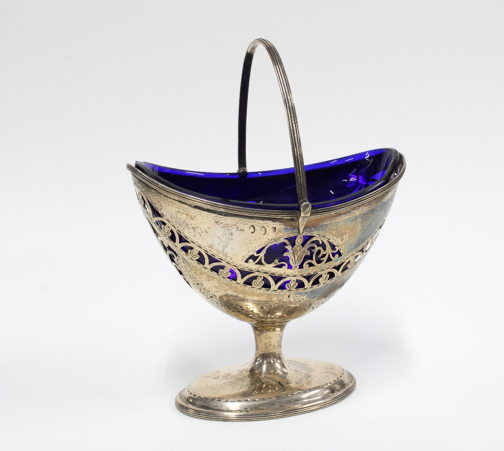 18th century Irish silver swing handled basket with worn Dublin hallmarks, pierced design with