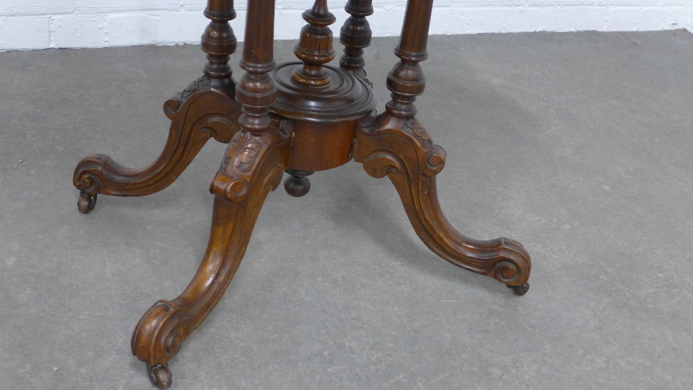 Victorian walnut centre table, quarter veneered oval top table, raised on quadruple turned - Image 3 of 3