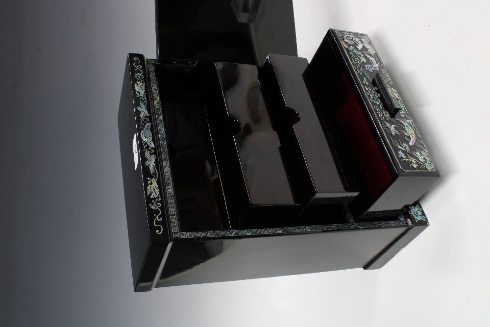 Black lacquered and shell inlaid cabinet, with internal drawers and a long base drawer, 34cm tall - Image 2 of 2