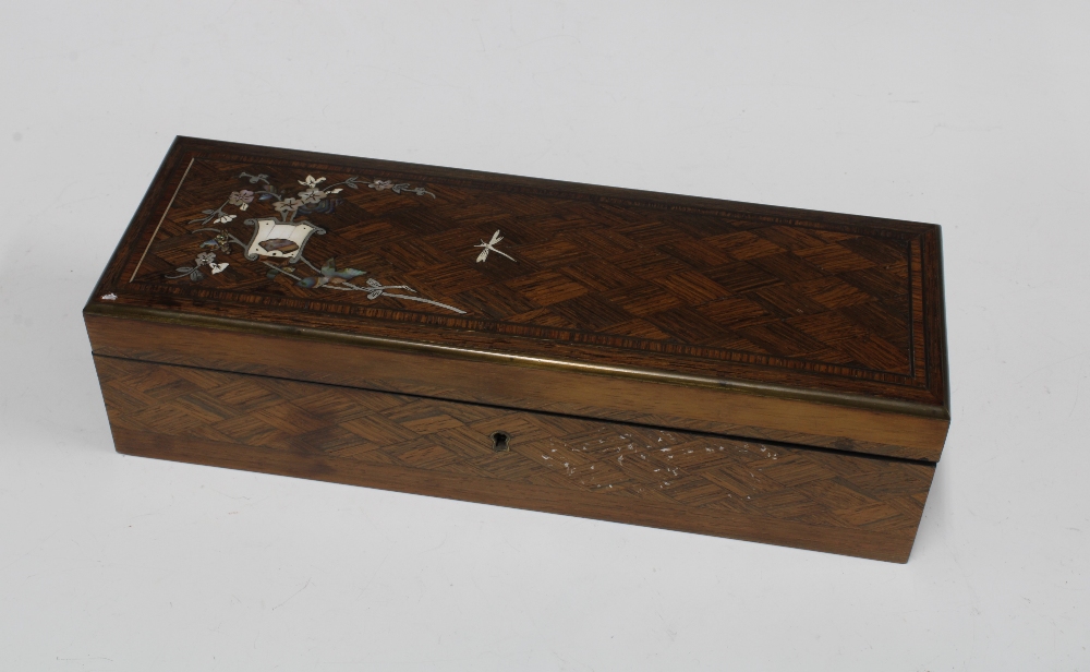 Late 19th / early 20th century parquetry and mother of pearl inlaid glove box, 32cm long