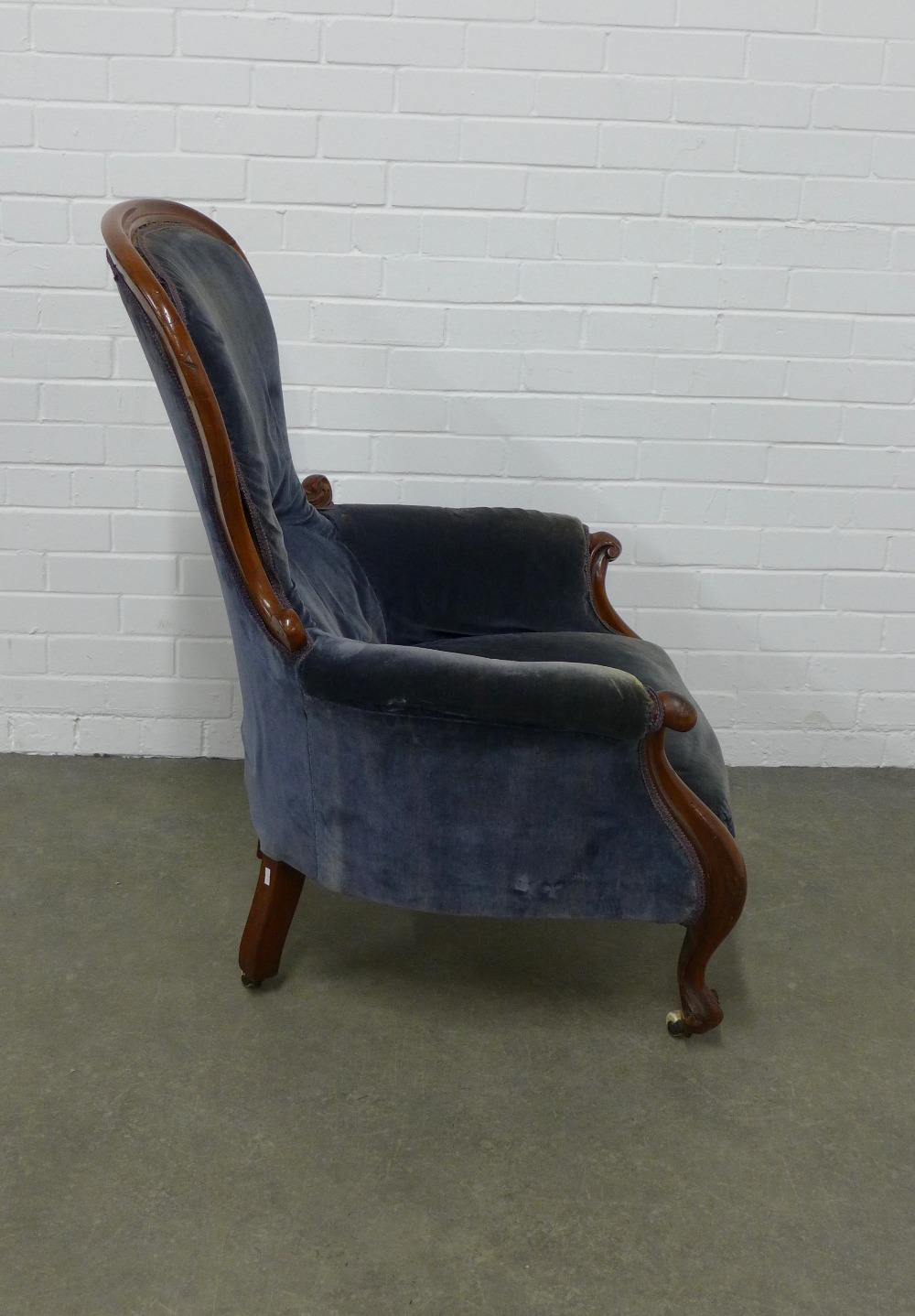 Victorian mahogany framed spoonback armchair with blue upholstery, raised on cabriole legs and - Image 3 of 3