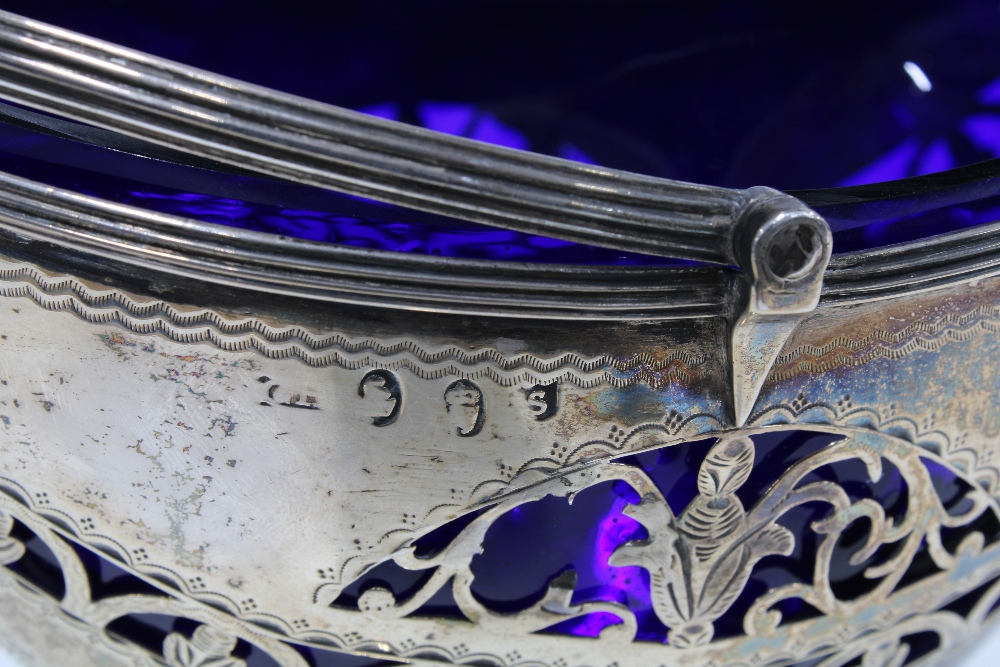 18th century Irish silver swing handled basket with worn Dublin hallmarks, pierced design with - Image 3 of 3