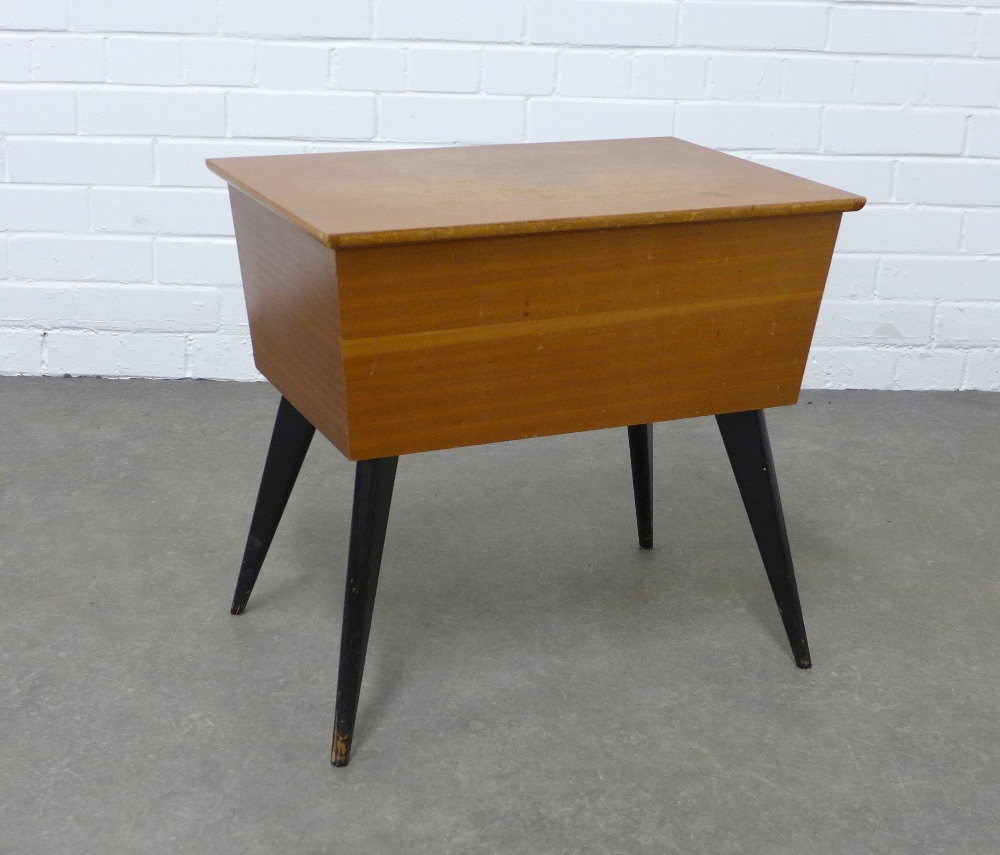 Retro vintage teak sewing box, lift up top with tray compartment, on ebonised legs, 54 x 50 x 37cm.