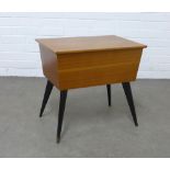 Retro vintage teak sewing box, lift up top with tray compartment, on ebonised legs, 54 x 50 x 37cm.