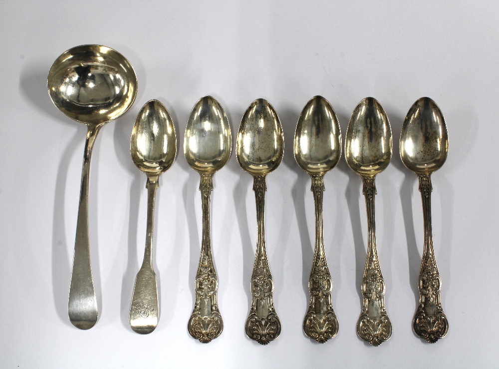 Georgian silver sauce ladle, London 1807, a Victorian silver teaspoon, Edinburgh 1844 and five