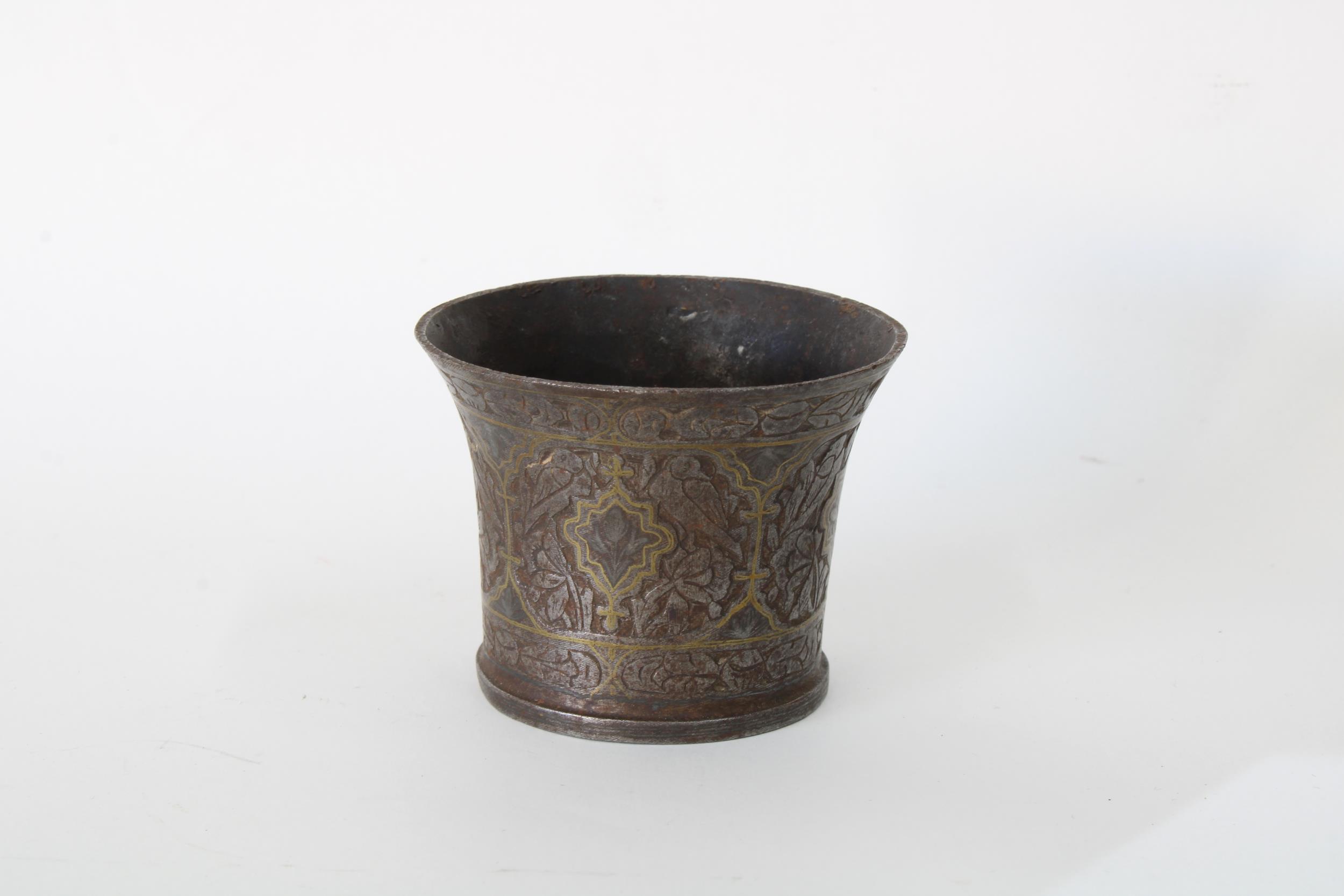 Safavid / Venetian inlaid metal cup, 5 x 6.5cm