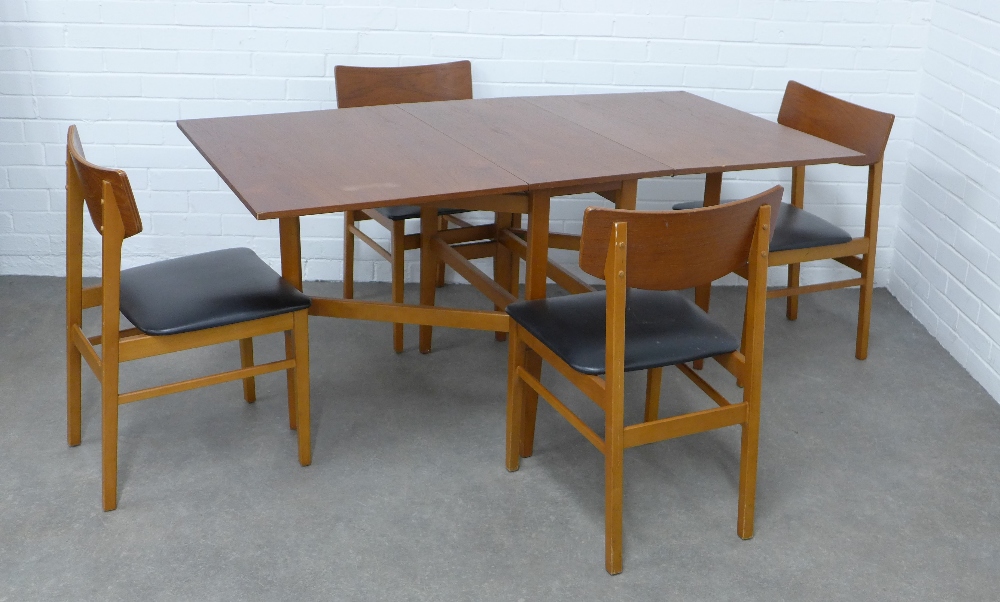 Retro vintage teak drop leaf dining table and set of four chairs, 153 x 72 x 82cm. (5)