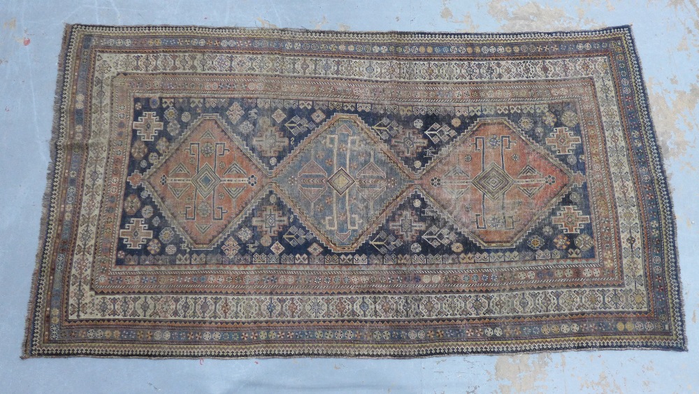 Late 19th / early 20th century Persian rug, three medallions to a blue ground within multiple - Image 2 of 5