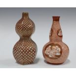 Two Japanese kutani vases to include a double gourd vase with hatched pattern and another with