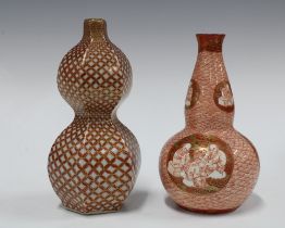 Two Japanese kutani vases to include a double gourd vase with hatched pattern and another with