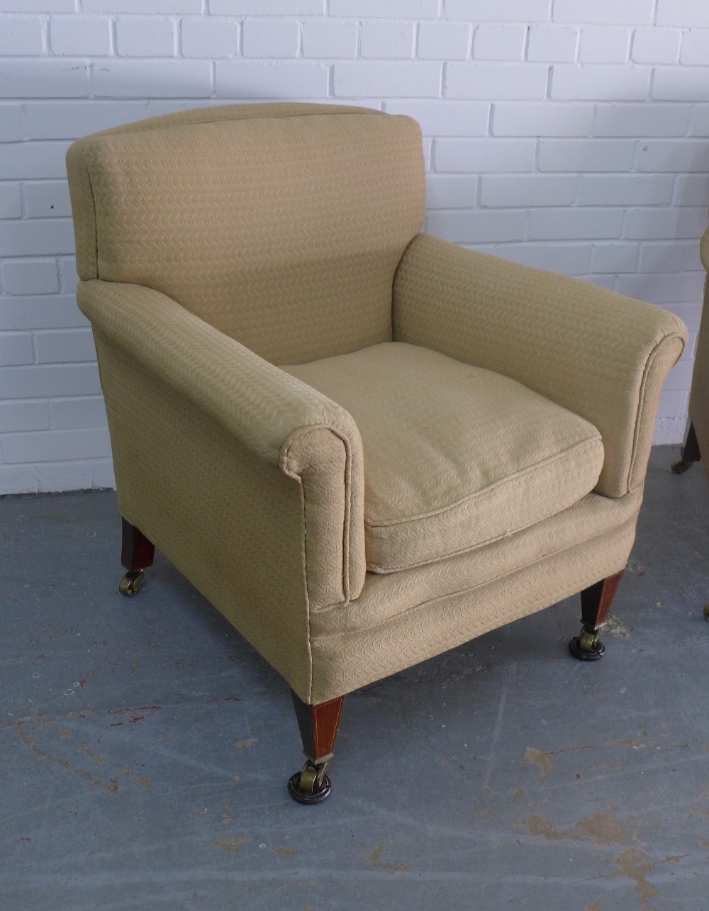 Pair of upholstered armchairs on mahogany legs with brass castors, armchairs, 82 x 83 x 50cm. (2) - Image 2 of 4