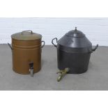 Country house kitchen cast iron 6 gallon urn with brass tap together with a copper urn, 46 x