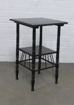 An Aesthetic Movement ebonised wood table in the manner of E W Godwin, with square top and thebes
