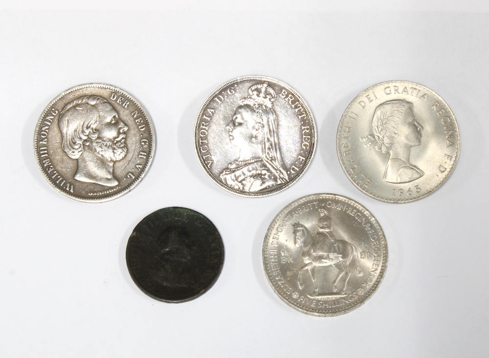 Coins to include a Queen Victoria silver crown 1891, Willem III 2 and a half Gulden, Georgian bronze