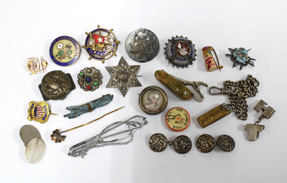 A collection of early 20th century and later badges, pins, cufflinks to include a pair of silver