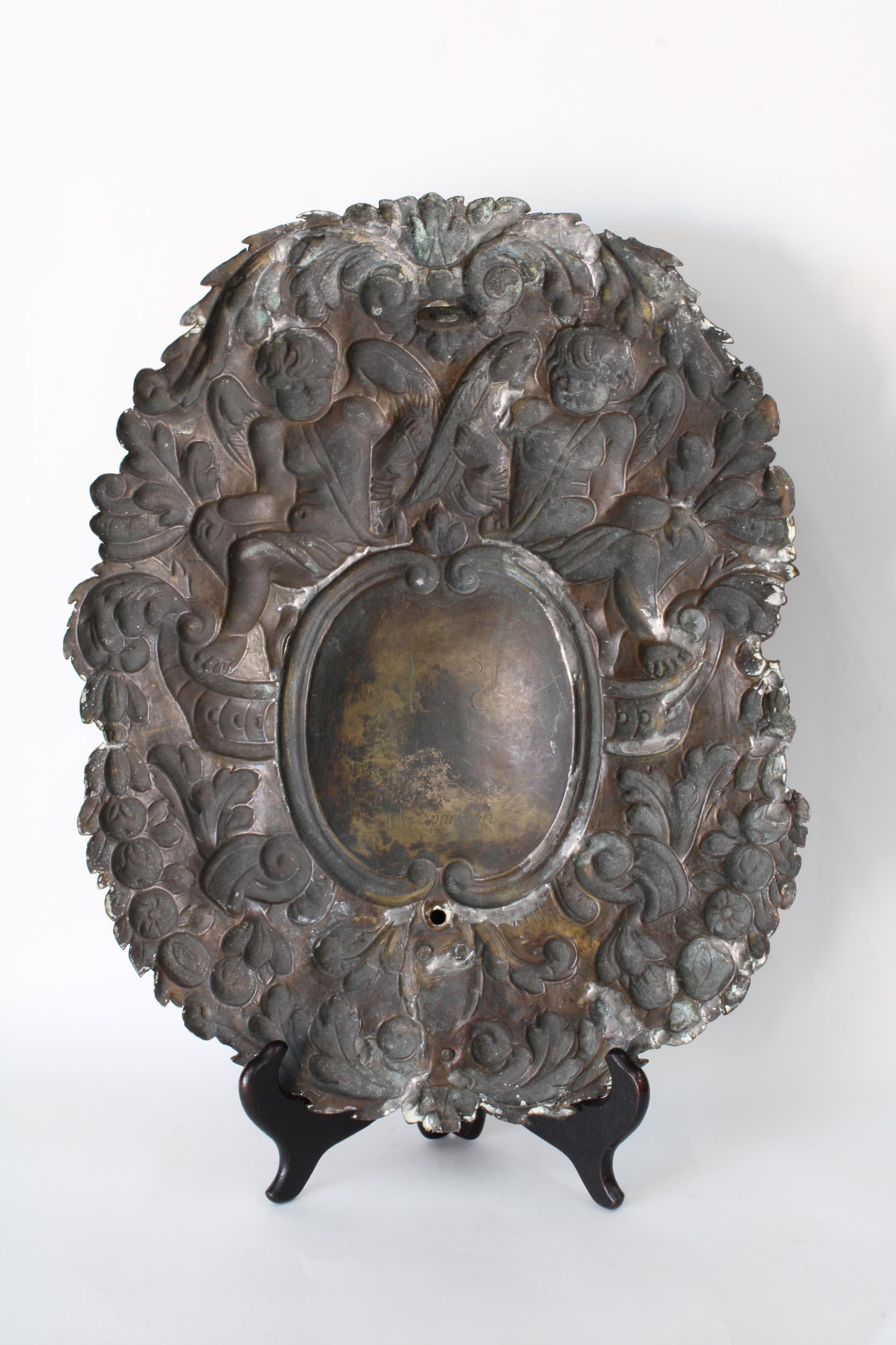 Early copper repousee wall sconce, likely 17th century, engraved verso Thos Spurgeon - Image 2 of 2