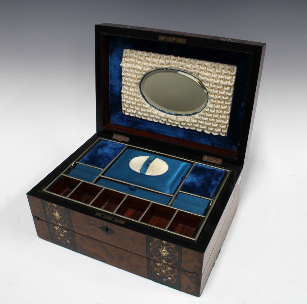 Victorian inlaid burrwood writing box, hinged lid with internal mirror, lift out trays and fold - Image 3 of 3