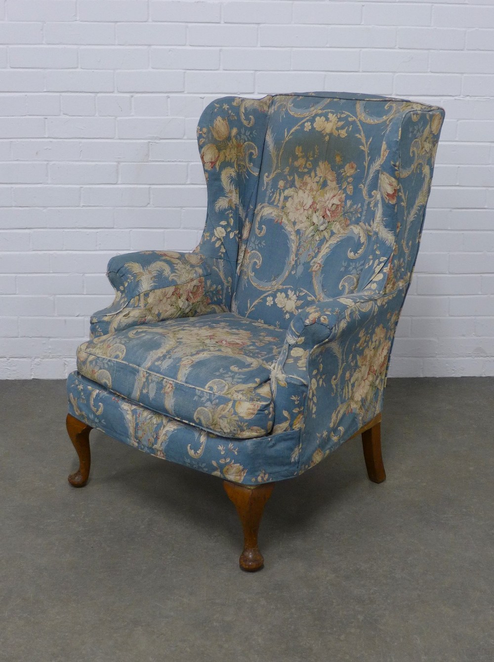 Wingback armchair with country house floral upholstery / covers, 78 x 102 x 52cm.