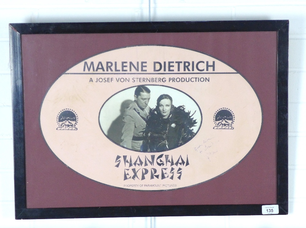 MARLENE DIETRICH - SHANGHAI EXPRESS, black and white photograph, framed and inscribed verso 'photo