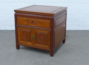 Chinoiserie hardwood cabinet, stylised carved doors, 56 x 56 x 56cm.