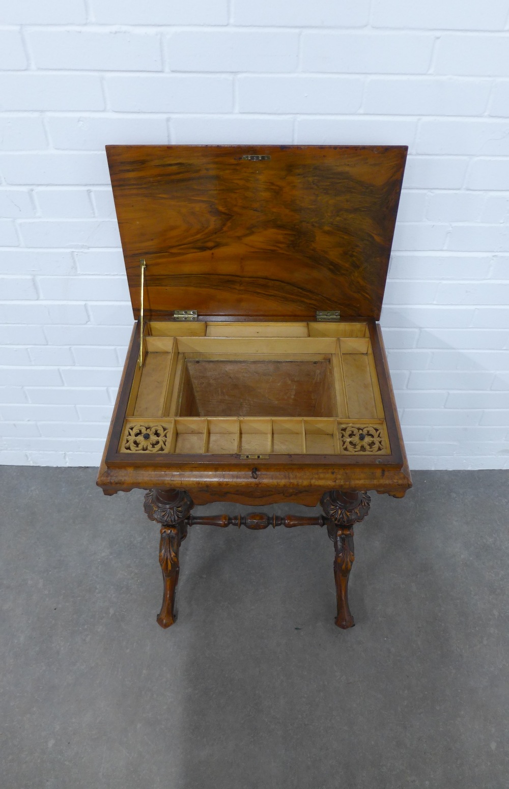 Burr walnut sewing table, hinged lid and fitted interior above pull out work bag, raised on turned - Image 4 of 4