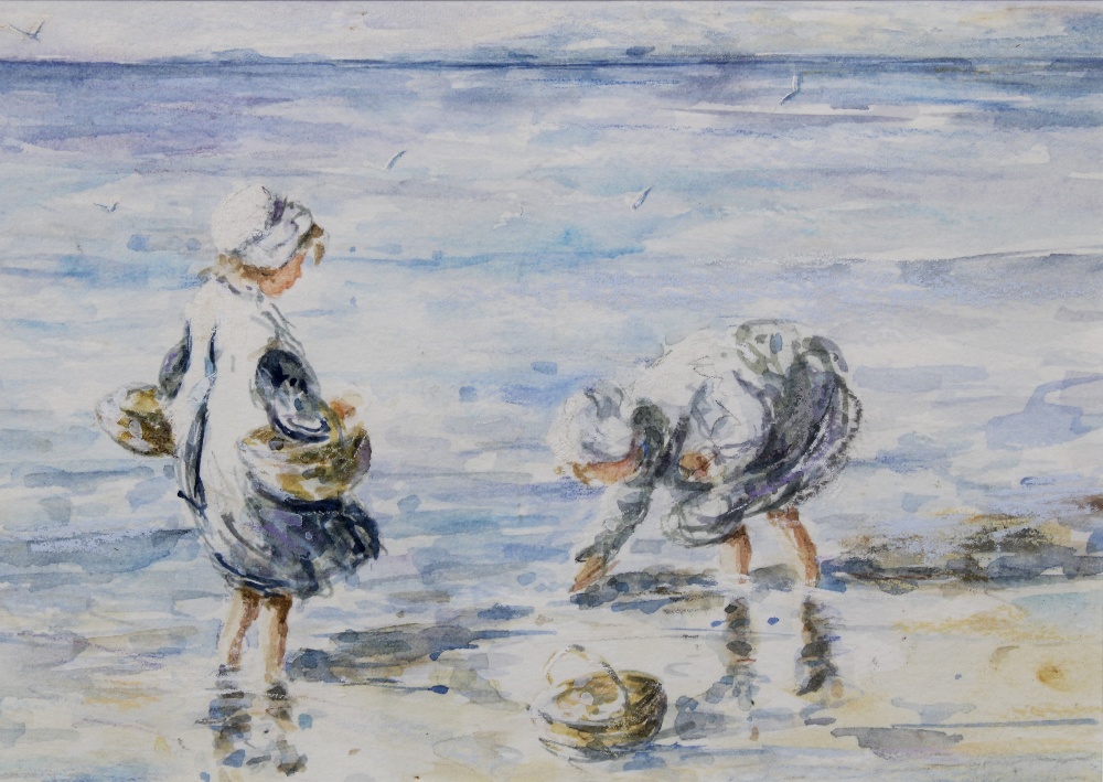 AFTER ROBERT GEMMELL HUTCHISON, watercolour of two children on the shore, apparently