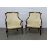 Pair of ebonised and parcel gilt open armchairs, with striped damask upholstery, on tapering legs,