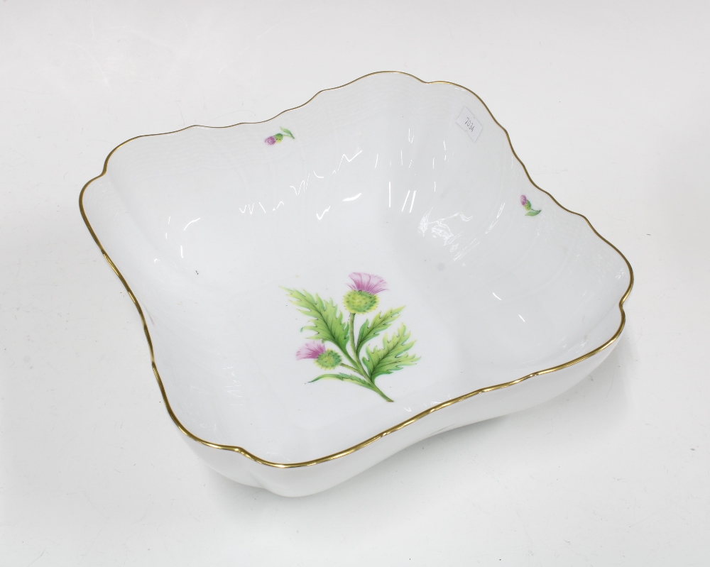 Herend Hungarian porcelain dish, square form and painted with thistles, 26cm