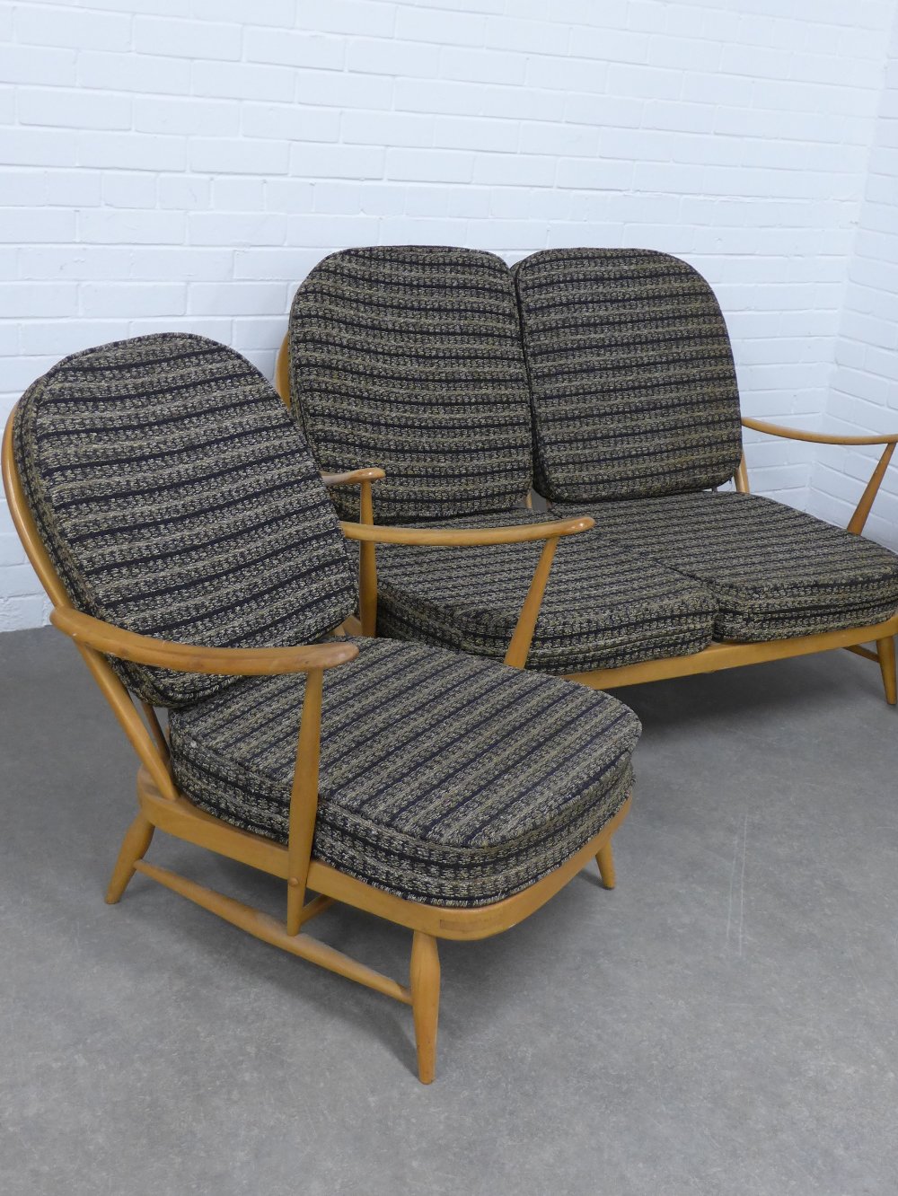 Ercol vintage blonde elm three piece suite, comprising a two seater stick back settee and pair of - Image 2 of 3