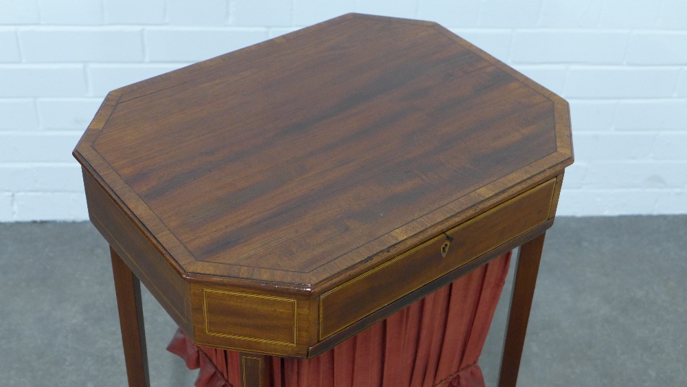 Edwardian mahogany sewing table with inlaid stringing, fabric work bag, 50 x 74 x 39cm. - Image 2 of 3