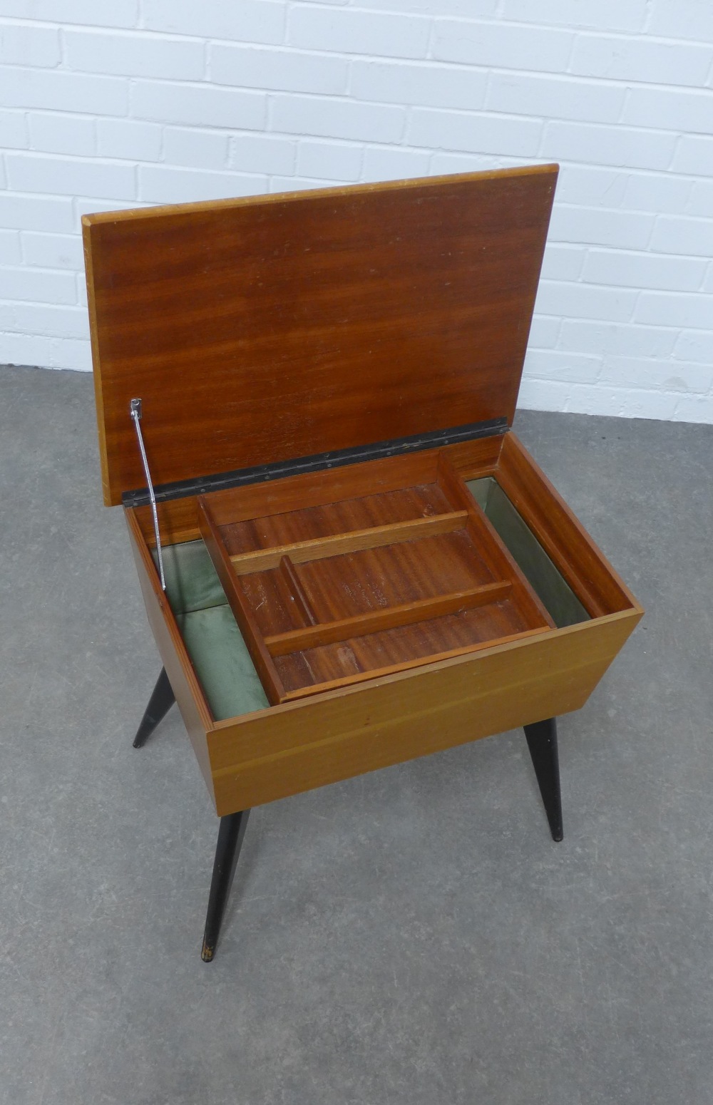 Retro vintage teak sewing box, lift up top with tray compartment, on ebonised legs, 54 x 50 x 37cm. - Image 3 of 3